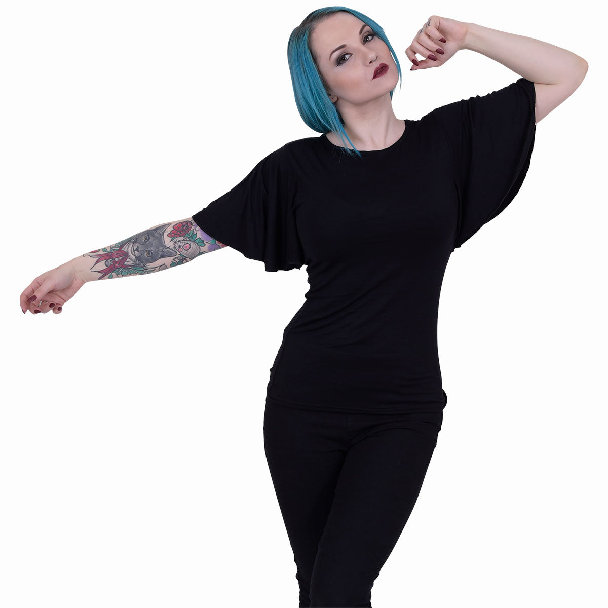 GOTHIC ELEGANCE - Boat Neck Bat Sleeve Top Schwarz
