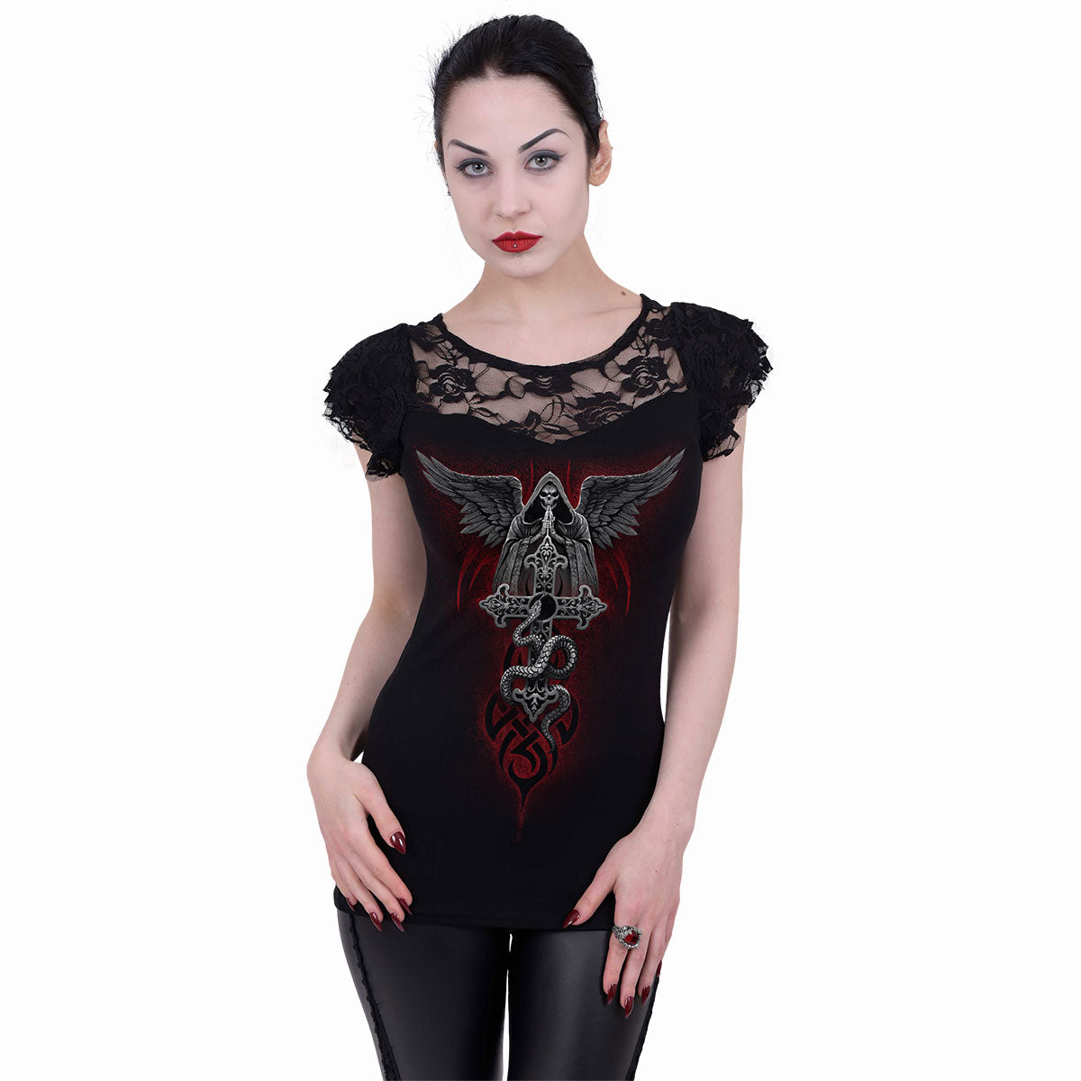 THE DEAD - Spitzen-Layered Cap Sleeve Top Schwarz