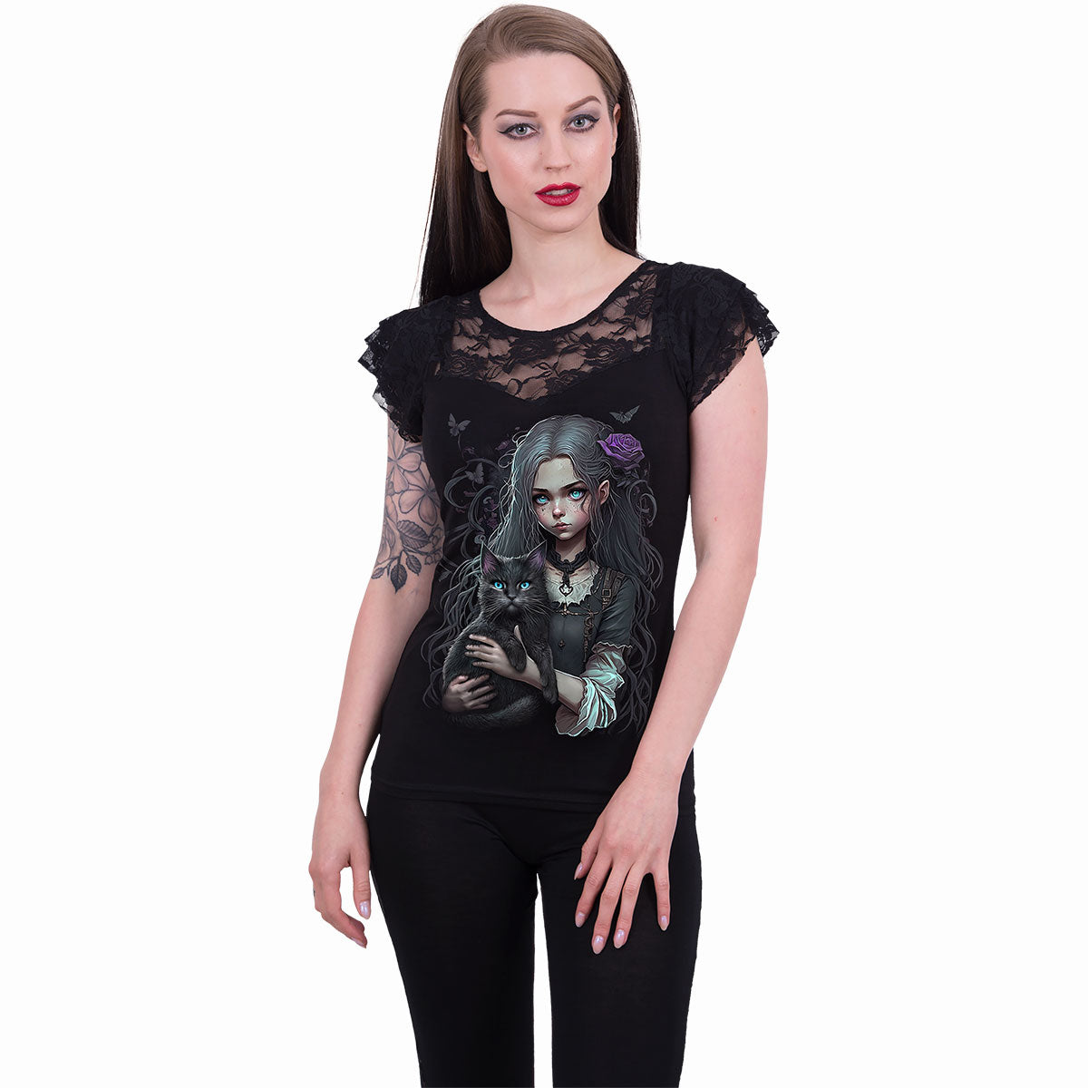 GOTH FAMILIAR - Spitzen-Layered Cap Sleeve Top Schwarz