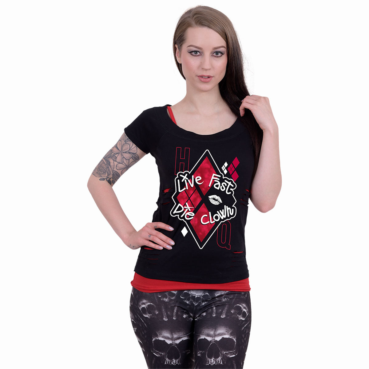 HARLEY QUINN - DIE CLOWN - 2in1 Red Ripped Top Schwarz