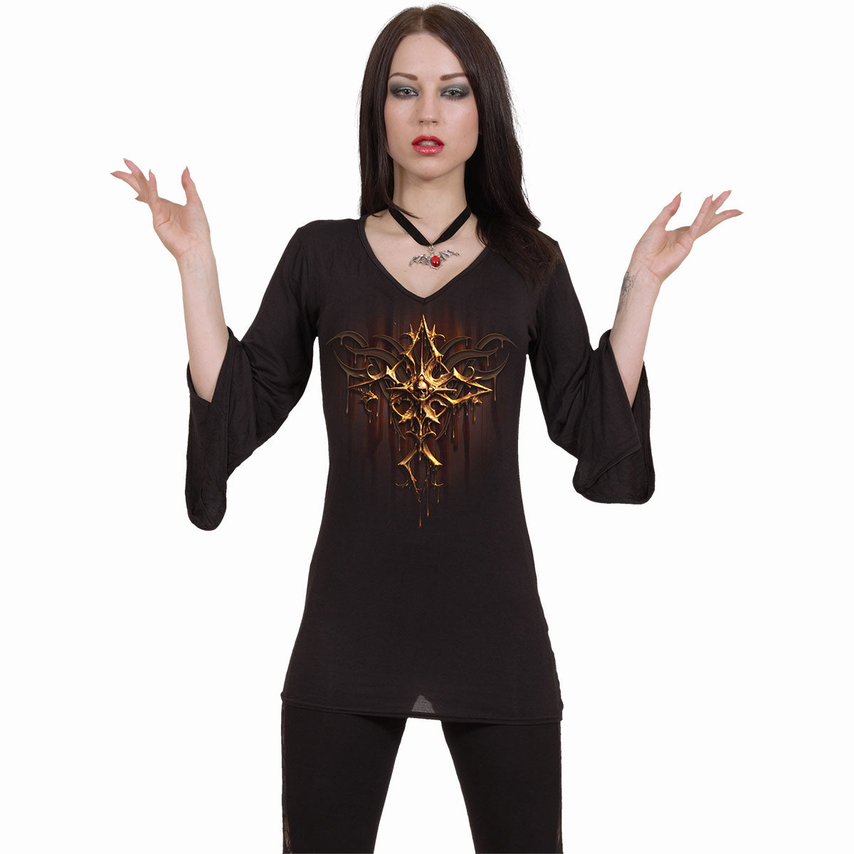 DRIPPING GOLD - V-Ausschnitt Goth Sleeve Top Schwarz