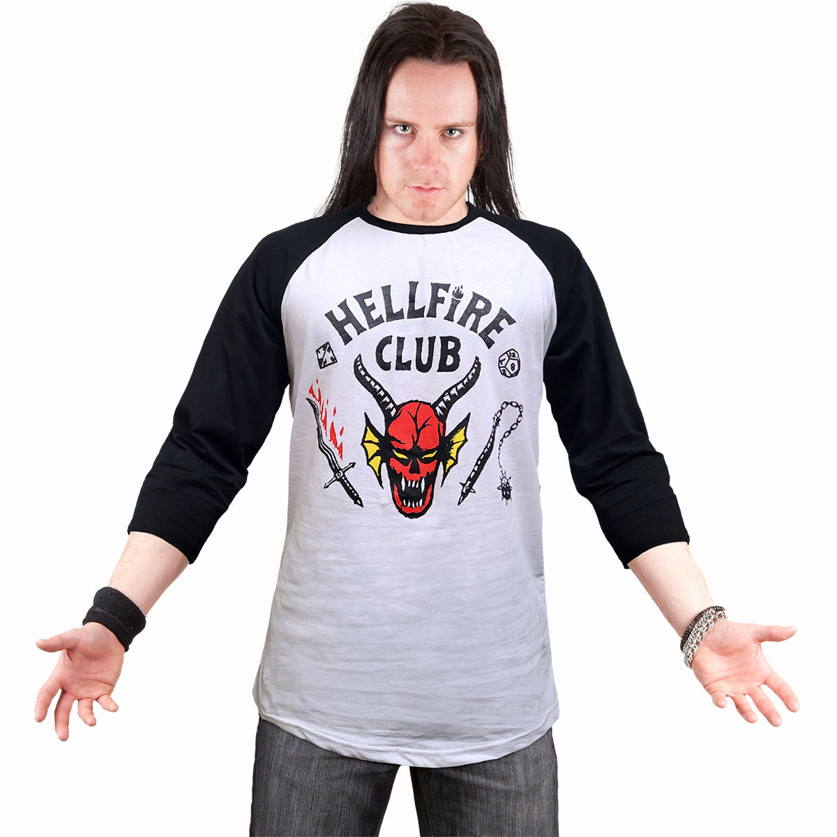 STRANGER THINGS 4 - HELLFIRE CLUB CREST - Raglan Contrast 3/4 Longsleeve Schwarz & Weiß