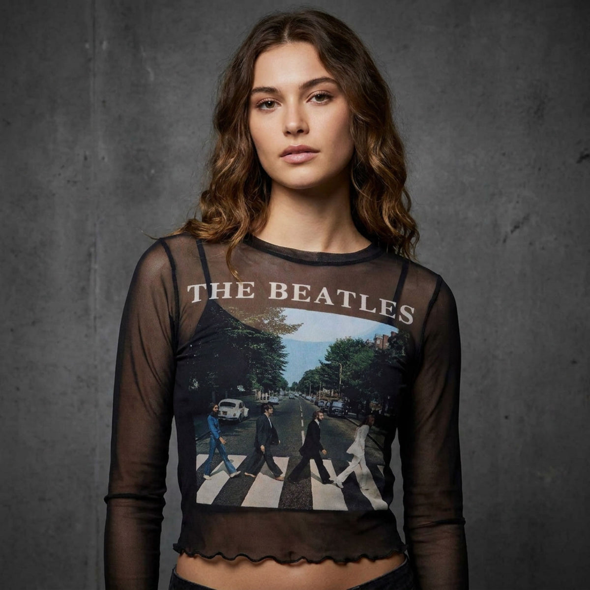 THE BEATLES - ABBEY ROAD & LOGO - Ladies Long Sleeve Crop Top Black