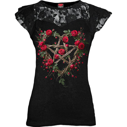 ROSE PENTAGRAM – Top mit Spitzen-Lagen-Effekt und Flügelärmeln, schwarz