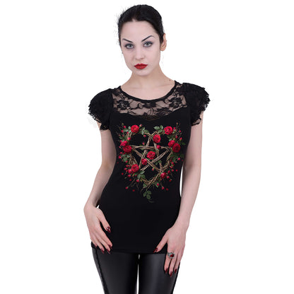ROSE PENTAGRAM – Top mit Spitzen-Lagen-Effekt und Flügelärmeln, schwarz