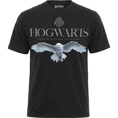 HARRY POTTER - HEDWIG HOGWARTS LOGO - Front Print T-Shirt Black