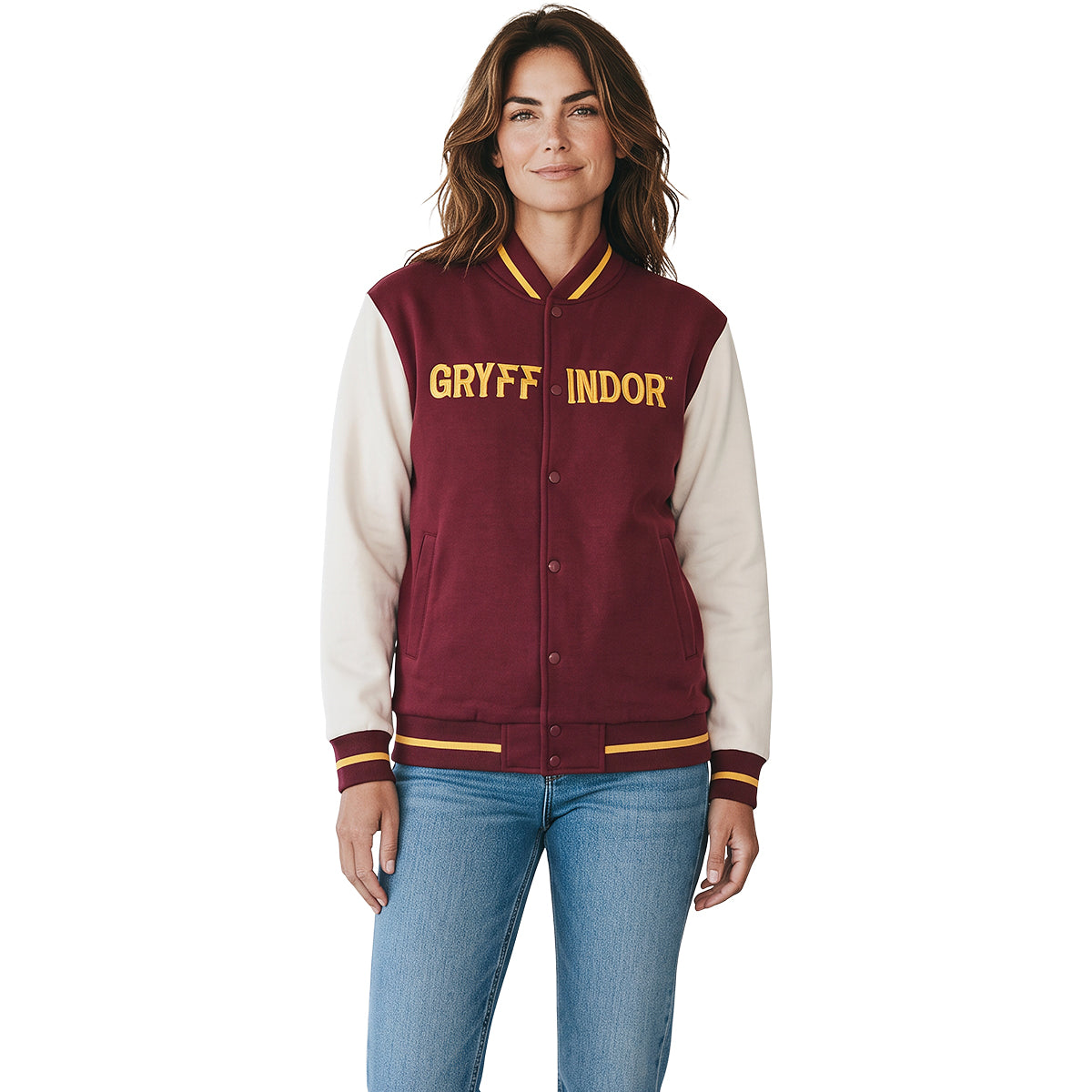 HARRY POTTER – GRYFFINDOR-HAUSNAME – Baseballjacke, dunkelrot mit silbernen Kontraststreifen A