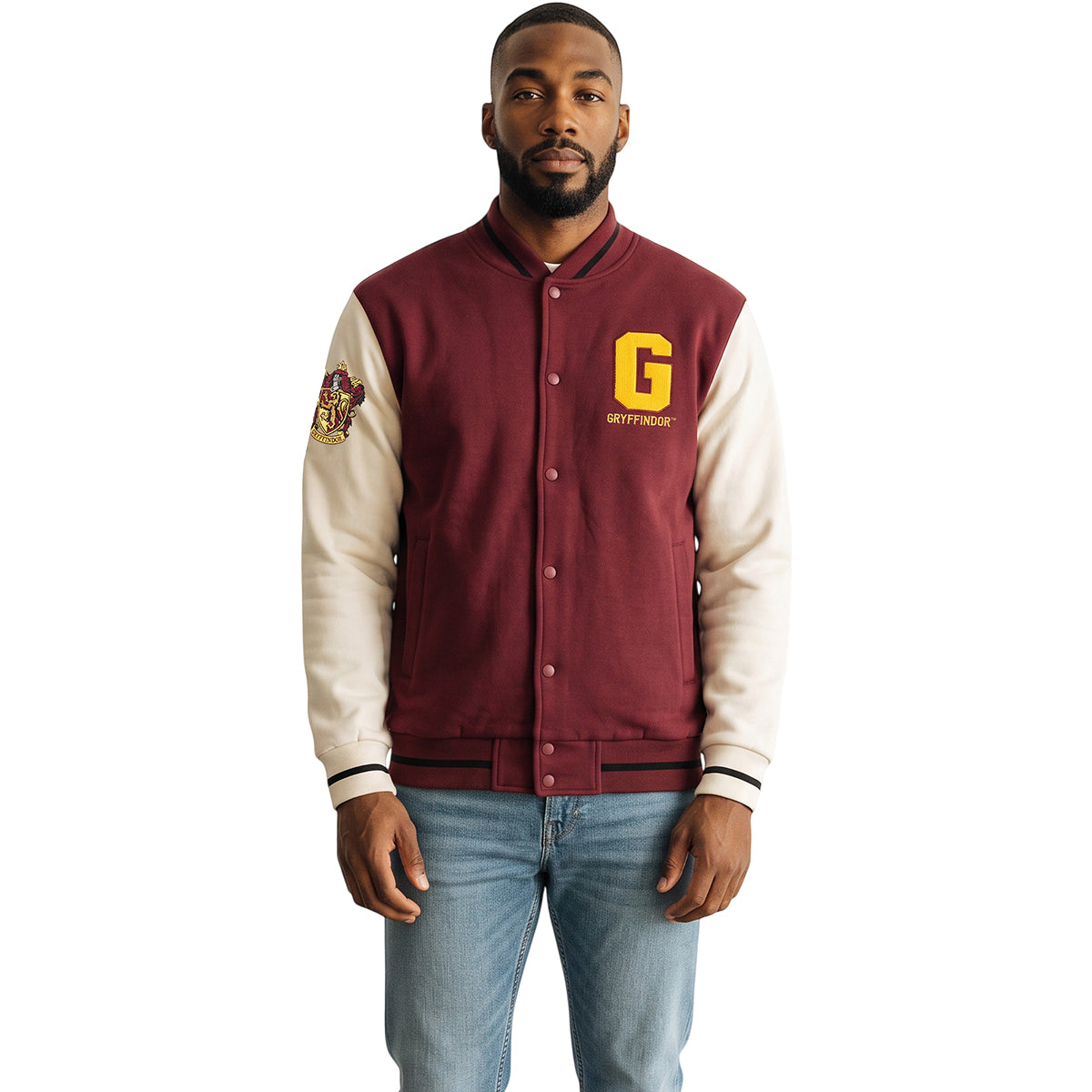 HARRY POTTER – GRYFFINDOR VARSITY – Baseballjacke, dunkelrot mit silbernen Kontraststreifen, Größe B