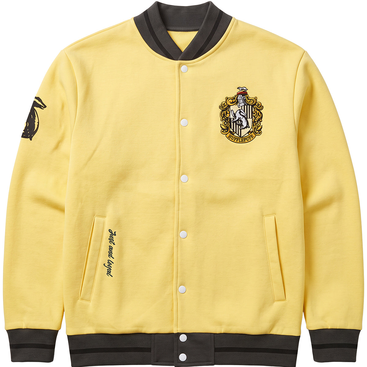 HARRY POTTER – HUFFLEPUFF-WAPPEN-SLOGAN – Baseballjacke, dunkelgelb mit schwarzem Besatz