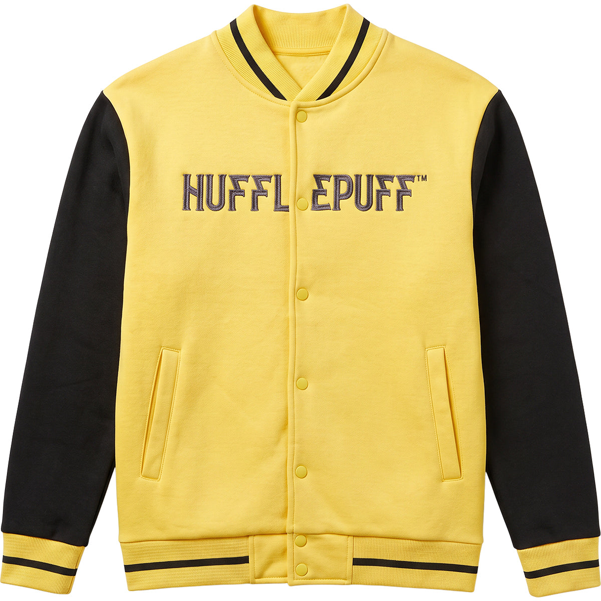 HARRY POTTER – HUFFLEPUFF-HAUSNAME – Baseballjacke, dunkelgelb mit silbernen Kontraststreifen A