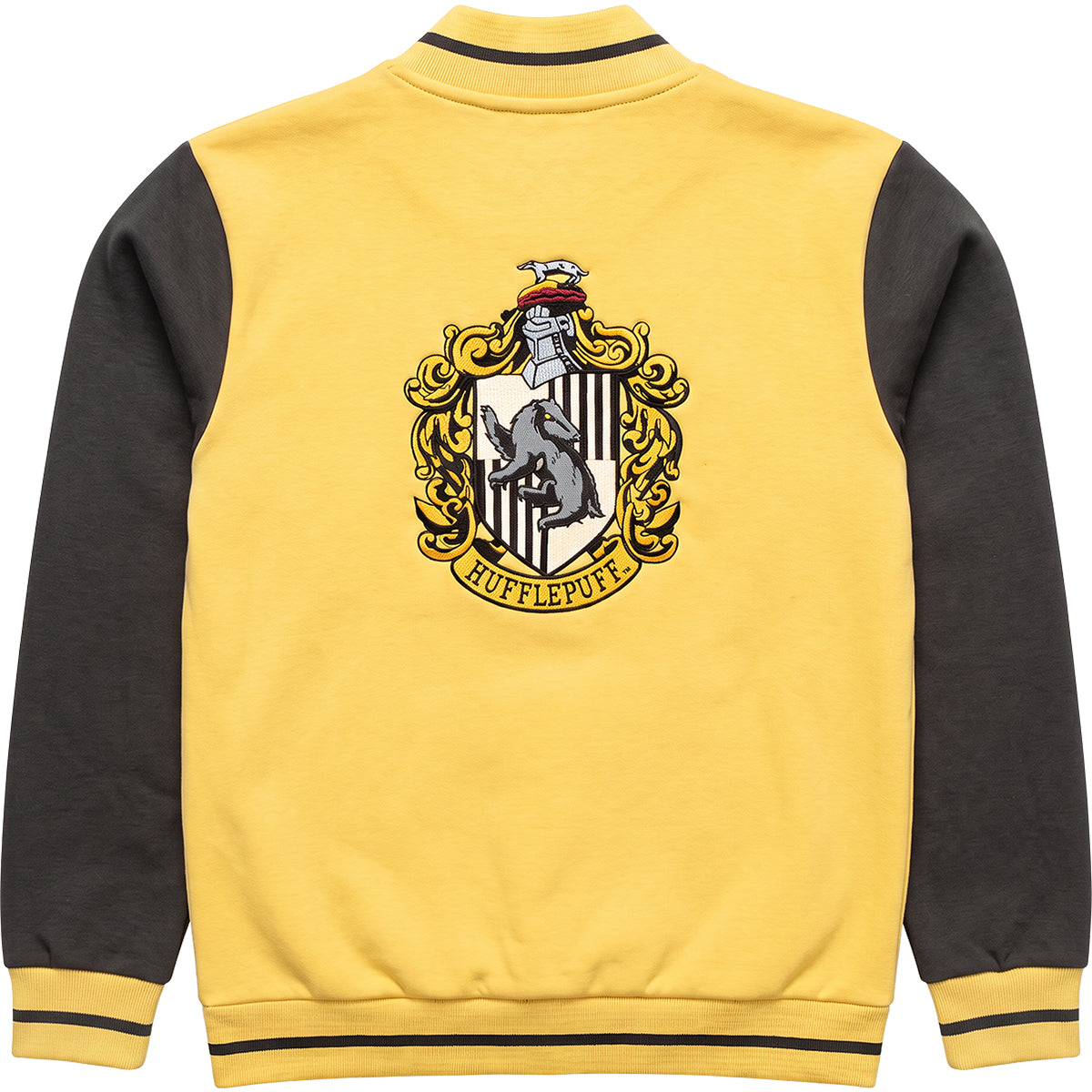HARRY POTTER – HUFFLEPUFF-HAUSNAME – Baseballjacke, dunkelgelb mit silbernen Kontraststreifen A