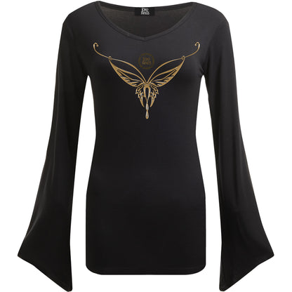 LOTR - ELVEN NECKLACE - V Neck Goth Sleeve Top Black