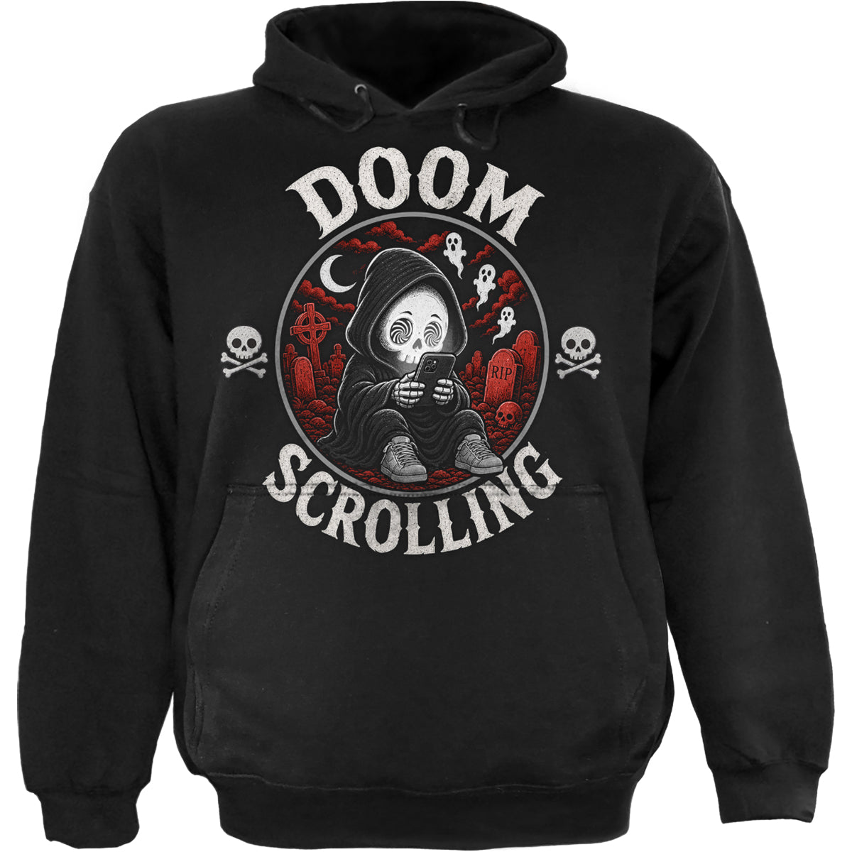 DOOM SCROLLING  – Kapuzenpulli, schwarz, nur Vorderseite