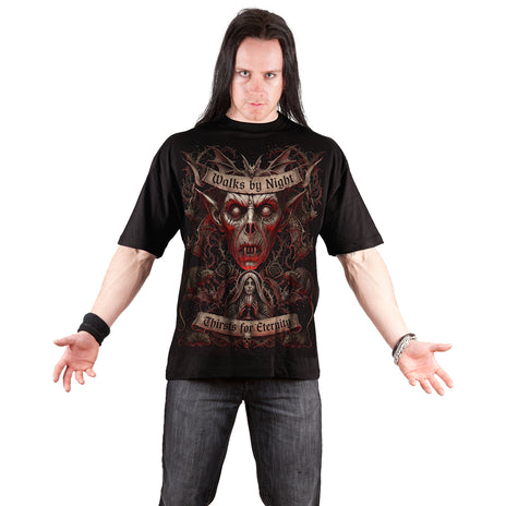 WALKS BY NIGHT – T-Shirt mit Aufdruck auf der Vorderseite, schwarz