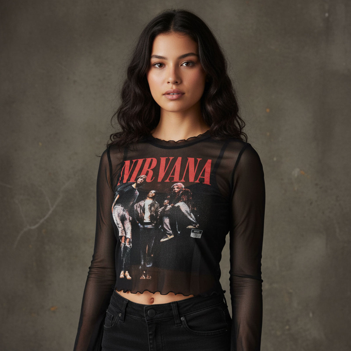 NIRVANA - IN UTERO BAND PHOTO - Ladies Long Sleeve Crop Top Black