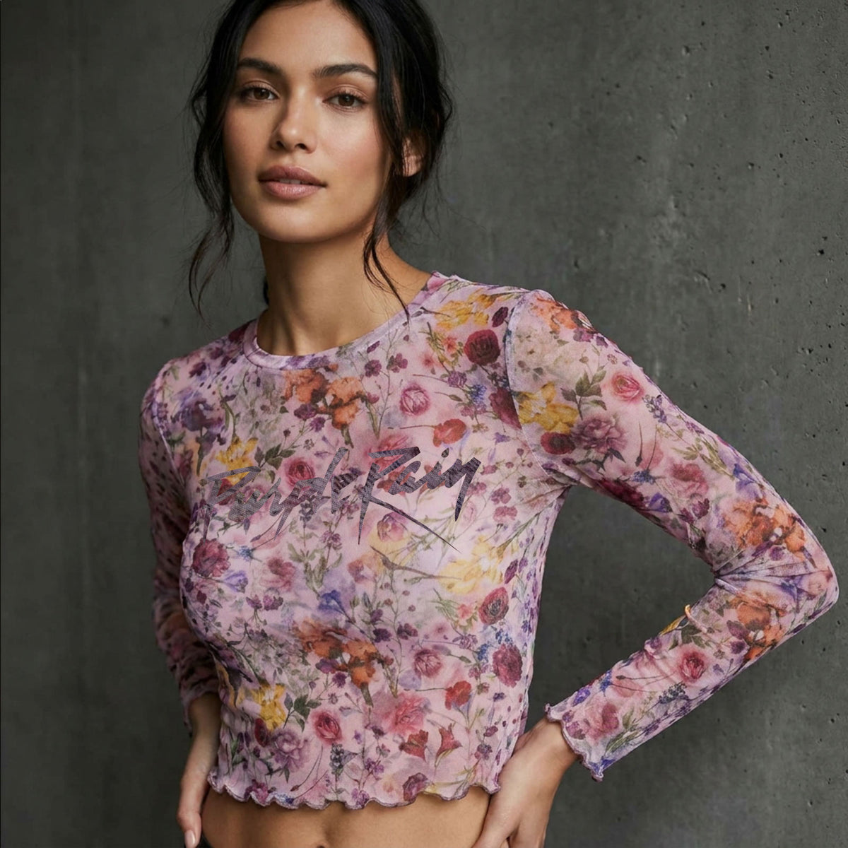 PRINCE - PURPLE RAIN LOGO FLORAL - Ladies Long Sleeve Crop Top Pink