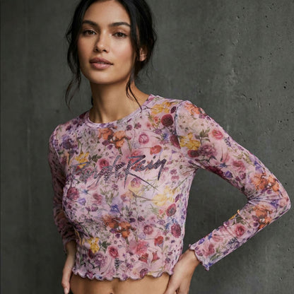 PRINCE - PURPLE RAIN LOGO FLORAL - Ladies Long Sleeve Crop Top Pink