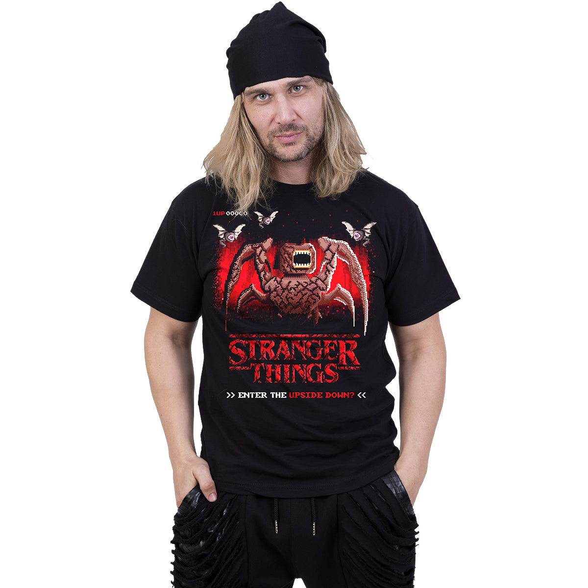 STRANGER THINGS - 8 BIT UPSIDE DOWN - Front Print T-Shirt Schwarz