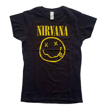 NIRVANA - YELLOW HAPPY FACE - Ladies T-Shirt Black