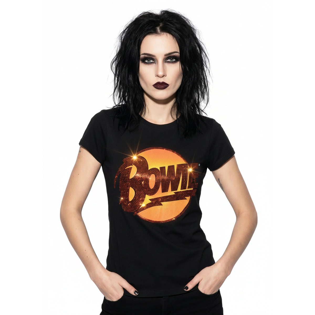 DAVID BOWIE - DIAMOND DOGS LOGO - Ladies T-Shirt Black (Embellished)