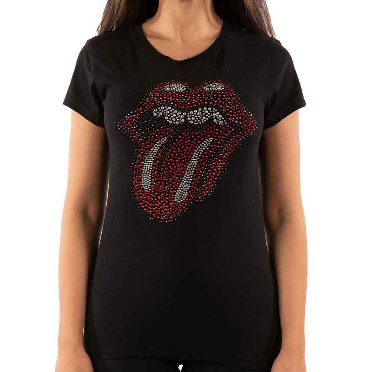 THE ROLLING STONES - CLASSIC TONGUE - Ladies T-Shirt Black (Embellished)