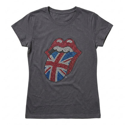 THE ROLLING STONES - CLASSIC UK TONGUE - Ladies T-Shirt Grey (Embellished)