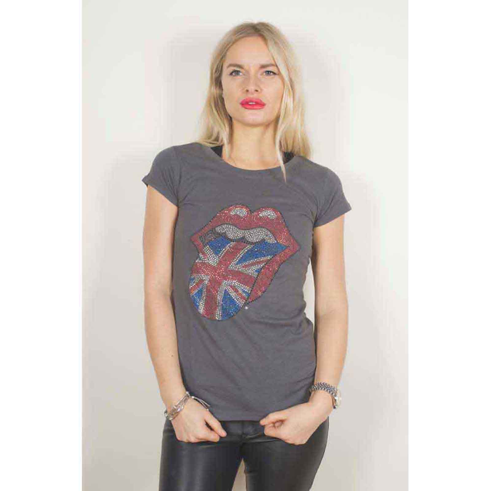 THE ROLLING STONES - CLASSIC UK TONGUE - Ladies T-Shirt Grey (Embellished)