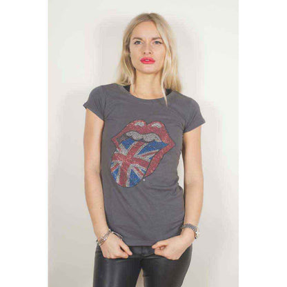 THE ROLLING STONES - CLASSIC UK TONGUE - Ladies T-Shirt Grey (Embellished)