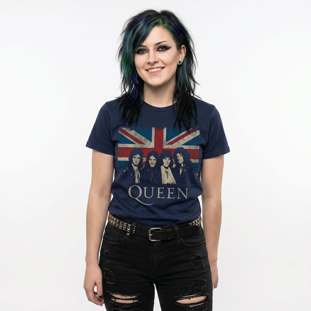 QUEEN - VINTAGE UNION JACK - Ladies T-Shirt Blue