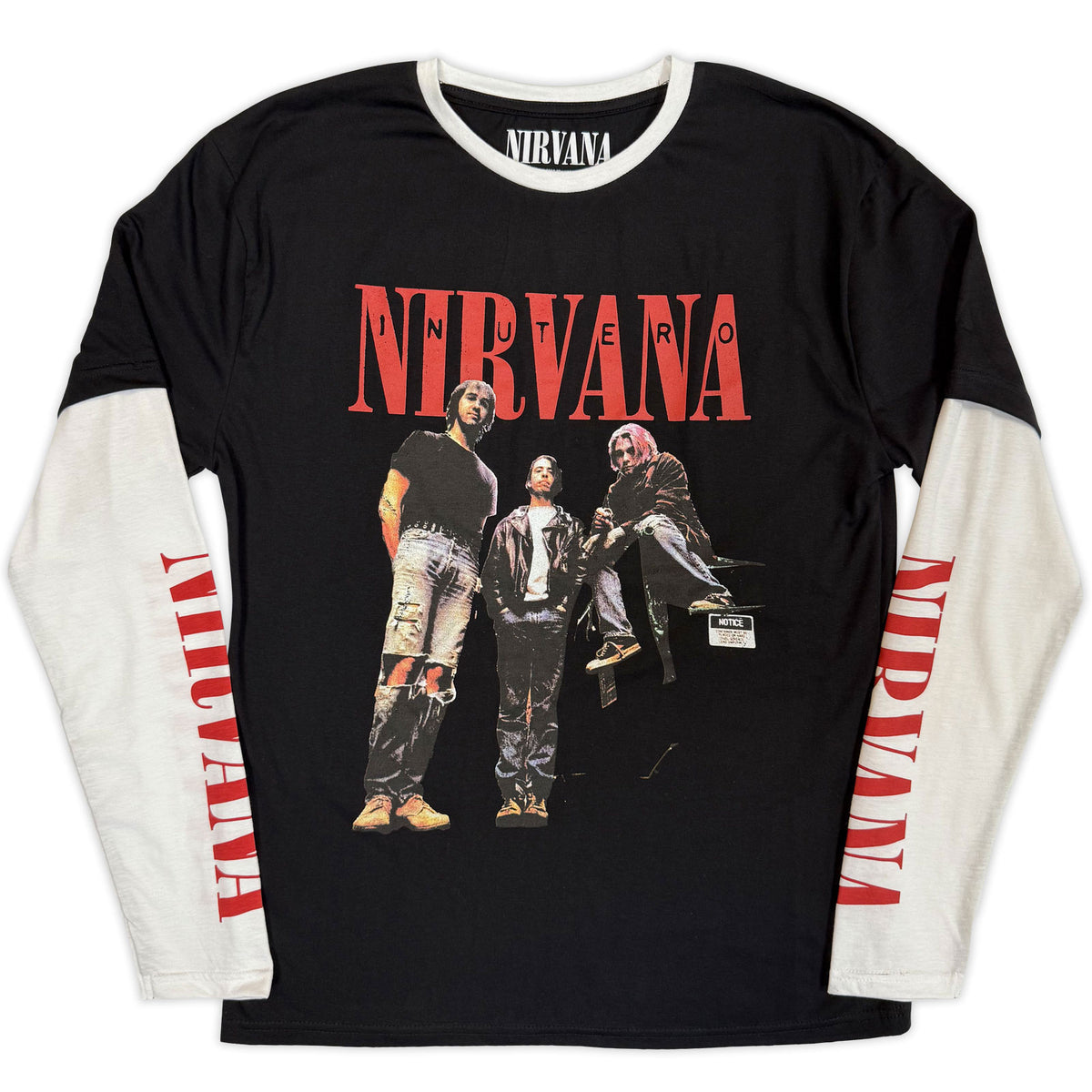 NIRVANA - IN UTERO BAND PHOTO - Layered Long Sleeve T-Shirt Black, White (Sleeve Print)