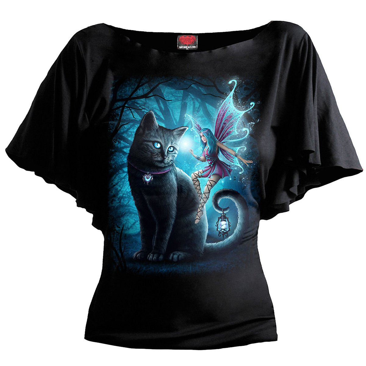 CAT AND FAIRY - Boat Neck Bat Sleeve Top Black - Spiral USA