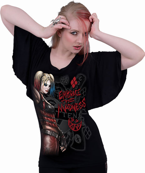 HARLEY QUINN - EMBRACE MADNESS - Boat Neck Bat Sleeve Top Schwarz