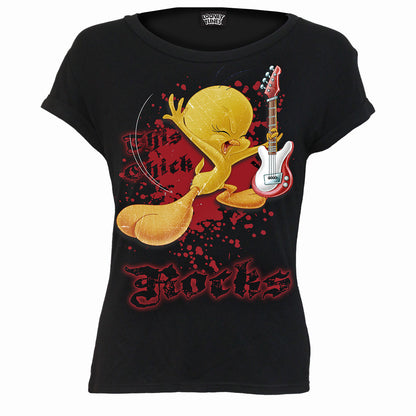 TWEETY - THIS CHICK ROCKS - Boatneck Cap Sleeve Top Black