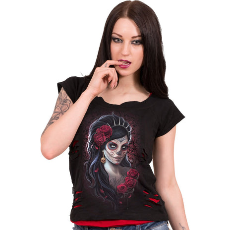 DAY OF THE DEAD - 2in1 Rotes geripptes Top Schwarz