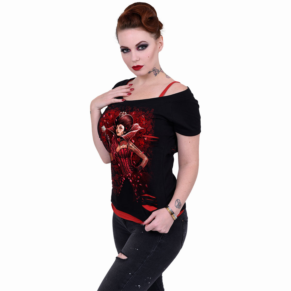 QUEEN OF HEARTS - 2in1 Red Ripped Top Schwarz